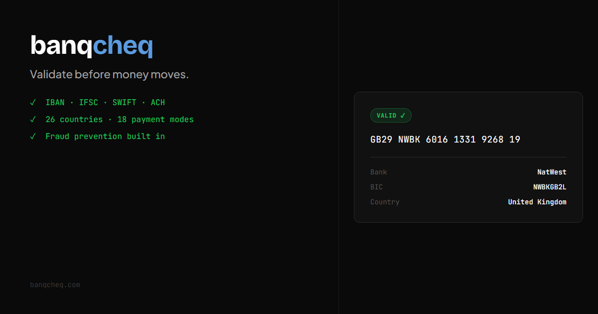 Banqcheq — Free IBAN, IFSC & SWIFT Validator | Bank Account Validation Tool